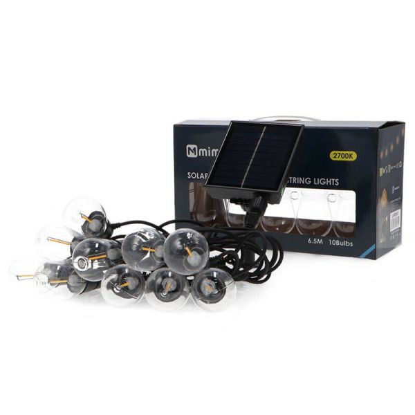 Guirlande lumineuse solaire à 10 ampoules LED | 6,5 m | 2700 K | IP54 | Intensité variable avec télécommande