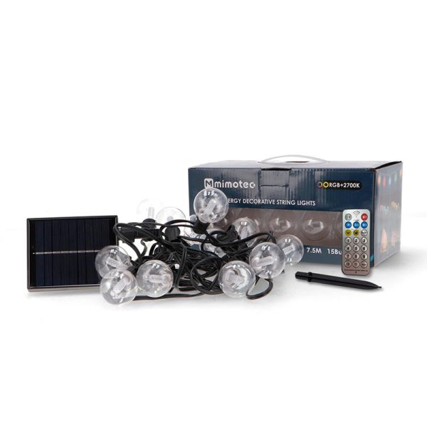 Pisca-pisca solar LED RGBW com 15 lâmpadas | 7,5 m | IP54 para ambientes externos | Regulável | Controle remoto