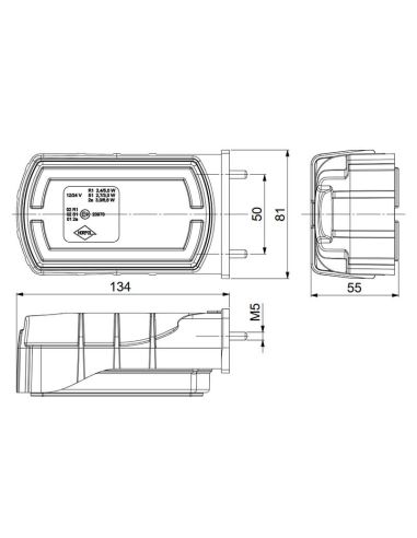 Medidas da Lanterna Traseira Retangular LED Neon com Suporte Lateral com Cabo 3 Funções R1 S1 2A