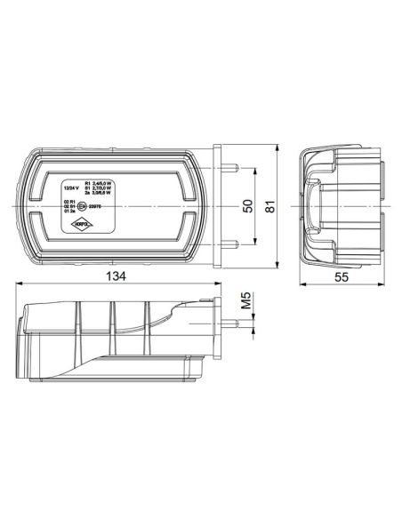 Medidas da Lanterna Traseira Retangular LED Neon com Suporte Lateral com Cabo 3 Funções R1 S1 2A