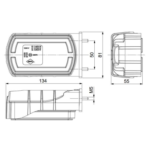 Feu arrière LED rectangulaire au néon, dimensions avec support latéral et câble, 3 fonctions, R1 S1 2A