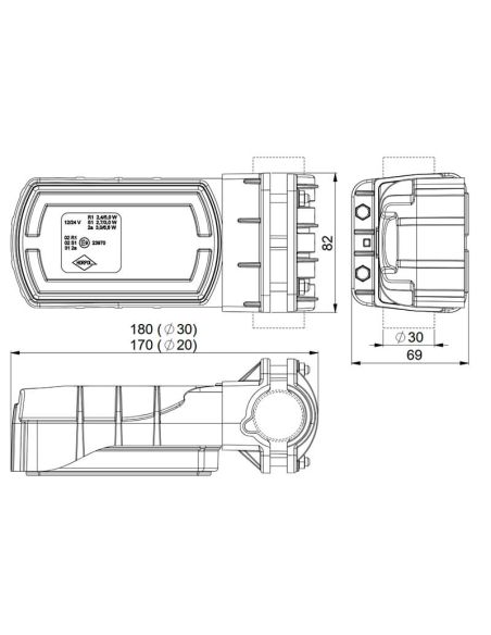 Medidas Luz Trasera LED Neon rectangular Montaje para Tubo Ø20–30 mm con cable 3 Funciones R1 S1 2A