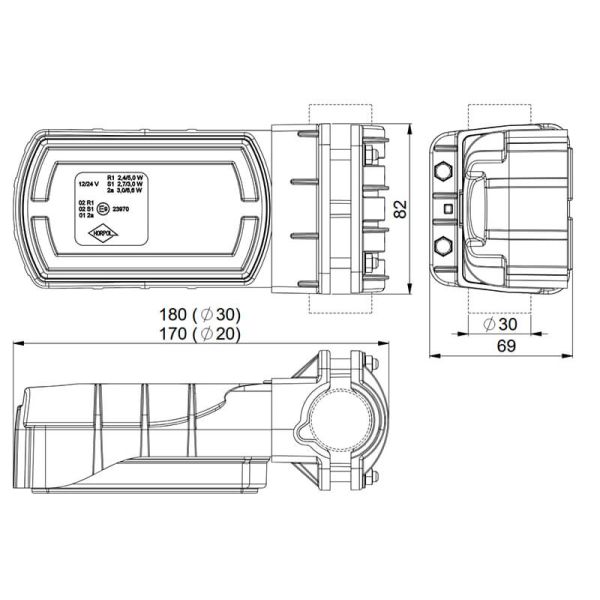 Feu arrière LED néon rectangulaire Dimensions Montage pour tube Ø 20–30 mm avec câble 3 fonctions R1 S1 2A