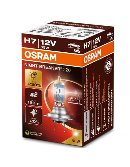 Bombilla H7 muy potente Night Breaker 220 + 220% 64210NB220 + de 150m Tapa Dorada