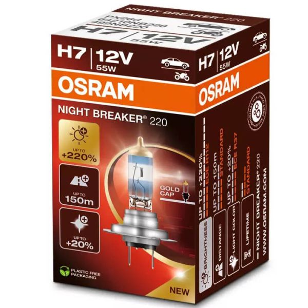 Bombilla H7 muy potente Night Breaker 220 + 220% 64210NB220 + de 150m Tapa Dorada