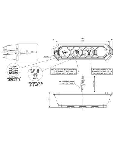 Medidas Barra LED trasera 3 Funciones Homologada y Estanca Tulipa Transparente 4 Leds R1 S1 2A