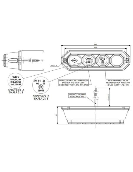 Medidas Barra LED trasera 3 Funciones Homologada y Estanca Tulipa Transparente 4 Leds R1 S1 2A
