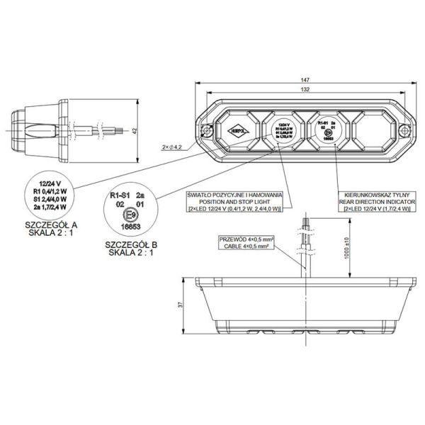 Medidas Barra LED trasera 3 Funciones Homologada y Estanca Tulipa Transparente 4 Leds R1 S1 2A