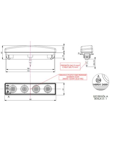 Medidas Piloto LED de galibo delantero Graphite para visera Scania con Cable y con o sin conector Graphite Dark A R10