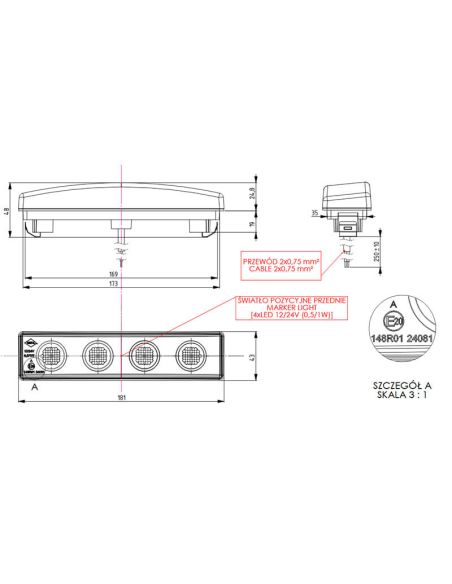 Medidas Piloto LED de galibo delantero Graphite para visera Scania con Cable y con o sin conector Graphite Dark A R10