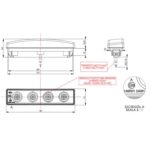 Medidas Piloto LED de galibo delantero Graphite para visera Scania con Cable y con o sin conector Graphite Dark A R10