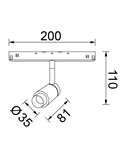Foco LED de carril con zoom 10-38º MAGNETO 48V regulable TRIAC, 7W 3000K