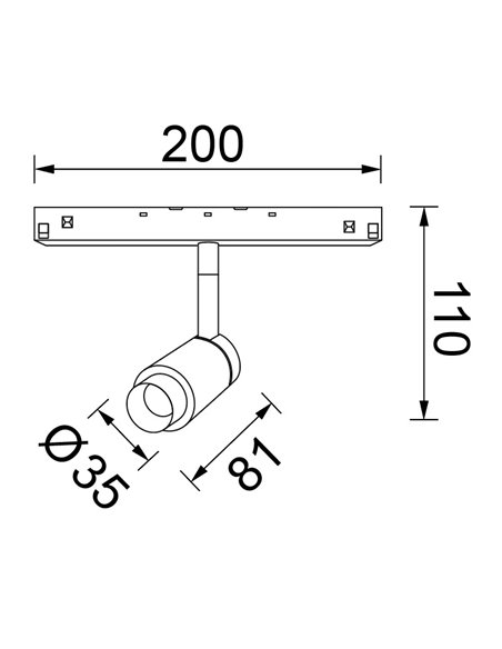 Foco LED de carril con zoom 10-38º MAGNETO 48V regulable TRIAC, 7W 3000K