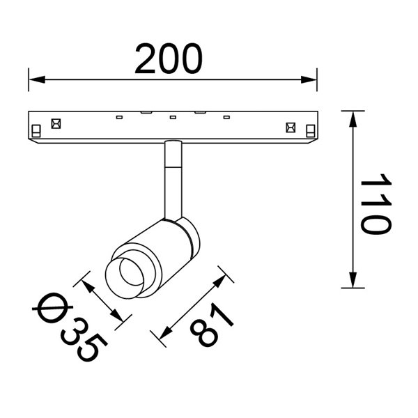 Foco LED de carril con zoom 10-38º MAGNETO 48V regulable TRIAC, 7W 3000K