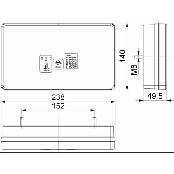 Medidas de Piloto Trasero rectangular LED con triangulo Strada 12V 24V Horpol LeonLeds