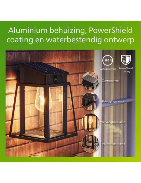 Aplique solar exterior cuadrado LYSIN SQ, tipo linterna, con sensor de movimiento, con bombilla solar reemplazable negro, 2700K