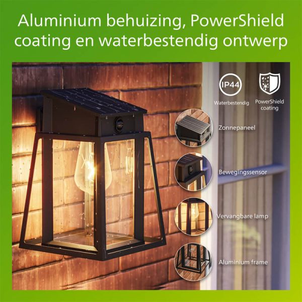 Aplique solar exterior cuadrado LYSIN SQ, tipo linterna, con sensor de movimiento, con bombilla solar reemplazable negro, 2700K