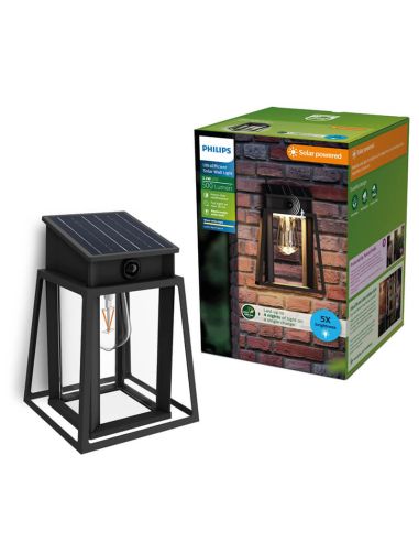 Aplique solar exterior cuadrado LYSIN SQ, tipo linterna, con sensor de movimiento, con bombilla solar reemplazable negro, 2700K