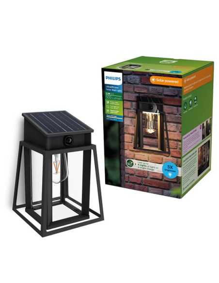 Aplique solar exterior cuadrado LYSIN SQ, tipo linterna, con sensor de movimiento, con bombilla solar reemplazable negro, 2700K