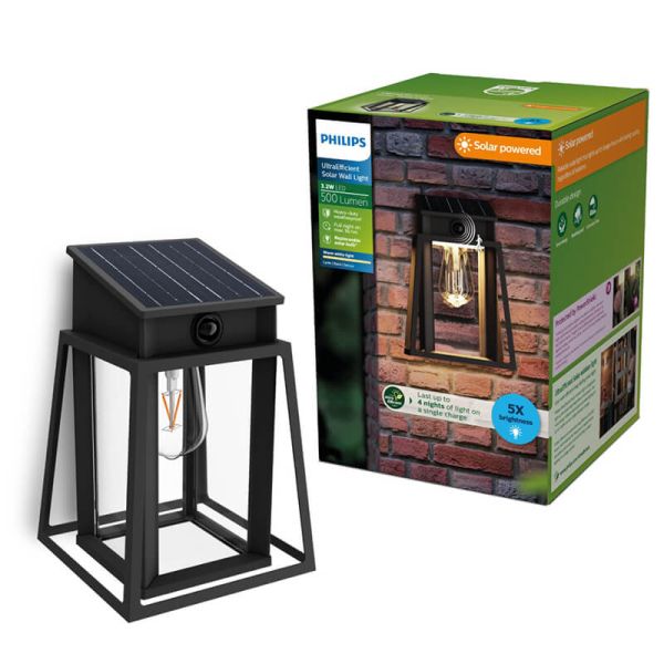 Aplique solar exterior cuadrado LYSIN SQ, tipo linterna, con sensor de movimiento, con bombilla solar reemplazable negro, 2700K