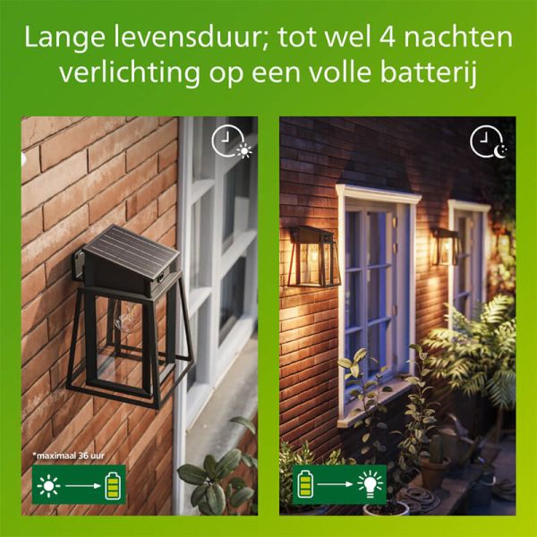 Aplique solar exterior cuadrado LYSIN SQ, tipo linterna, con sensor de movimiento, con bombilla solar reemplazable negro, 2700K