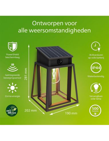Aplique solar exterior cuadrado LYSIN SQ, tipo linterna, con sensor de movimiento, con bombilla solar reemplazable negro, 2700K