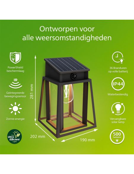 Aplique solar exterior cuadrado LYSIN SQ, tipo linterna, con sensor de movimiento, con bombilla solar reemplazable negro, 2700K