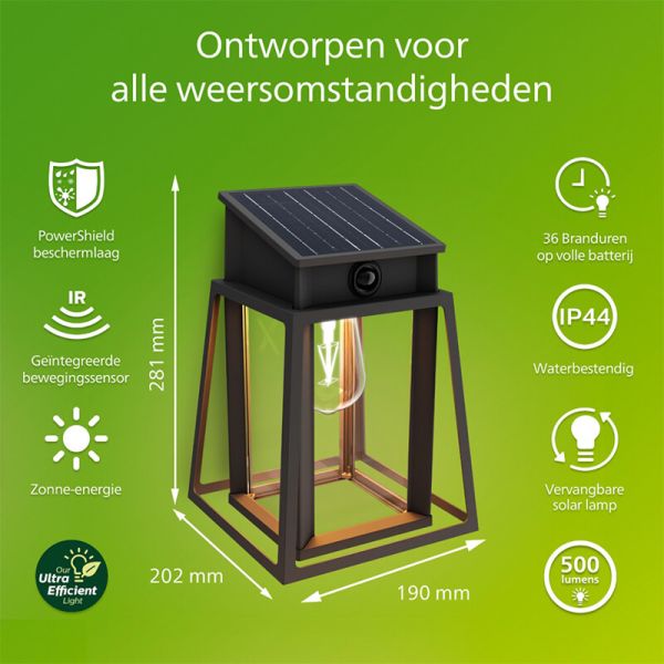 Aplique solar exterior cuadrado LYSIN SQ, tipo linterna, con sensor de movimiento, con bombilla solar reemplazable negro, 2700K