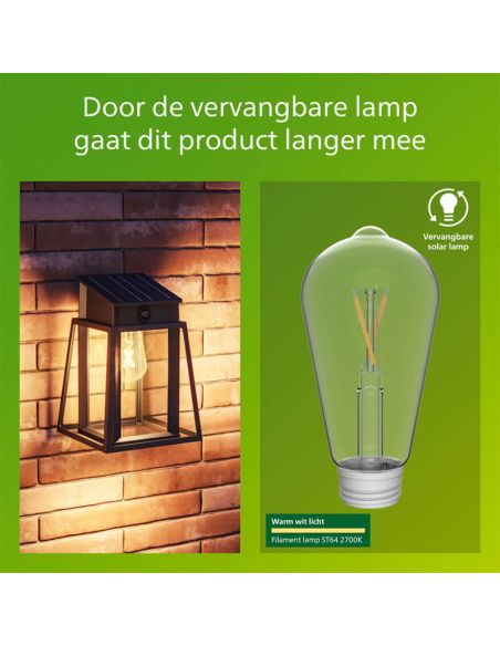 Aplique solar exterior cuadrado LYSIN SQ, tipo linterna, con sensor de movimiento, con bombilla solar reemplazable negro, 2700K