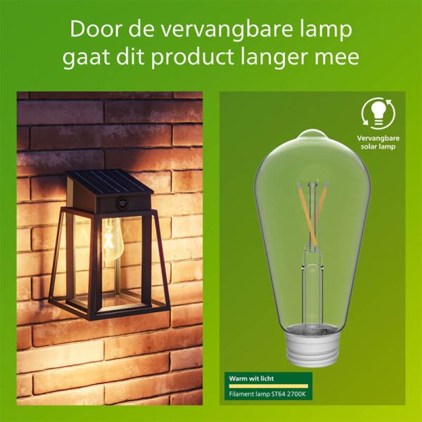 Aplique solar exterior cuadrado LYSIN SQ, tipo linterna, con sensor de movimiento, con bombilla solar reemplazable negro, 2700K