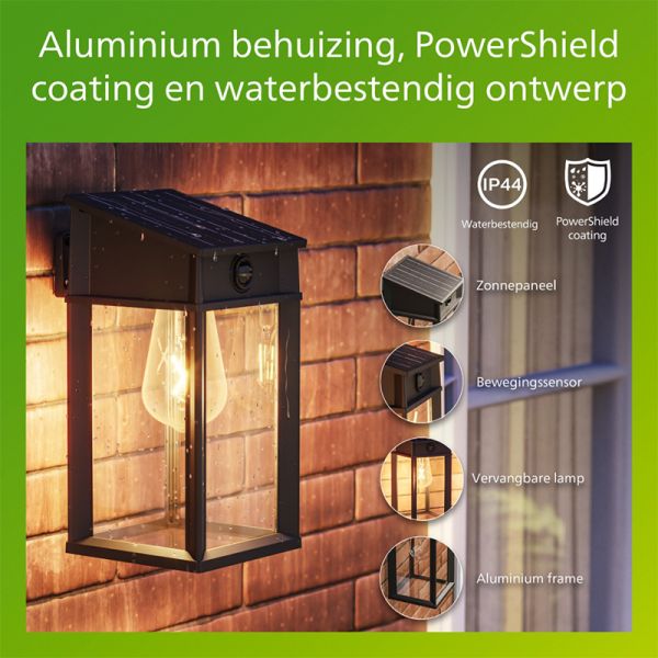 Aplique solar cuadrado exterior GERI SQ, sensor de movimiento, ultraeficiente con bombilla solar reemplazable, 2700K/4000K