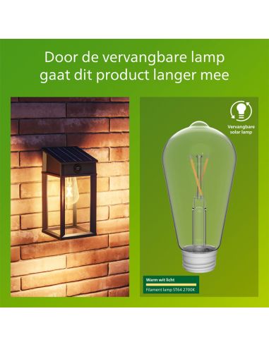 Aplique solar cuadrado exterior GERI SQ, sensor de movimiento, ultraeficiente con bombilla solar reemplazable, 2700K/4000K