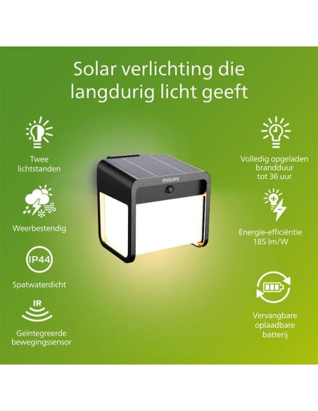 Aplique LED exterior solar con sensor de movimiento EZRA, negro 1,8W 250Lm, 3000K,