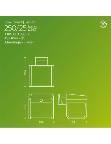 Aplique LED exterior solar con sensor de movimiento EZRA, negro 1,8W 250Lm, 3000K,
