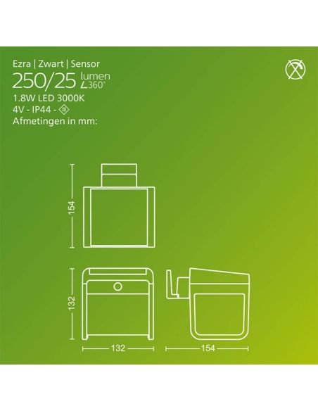 Applique murale solaire d'extérieur à LED EZRA avec détecteur de mouvement, noire, 1,8 W, 250 lm, 3 000 K