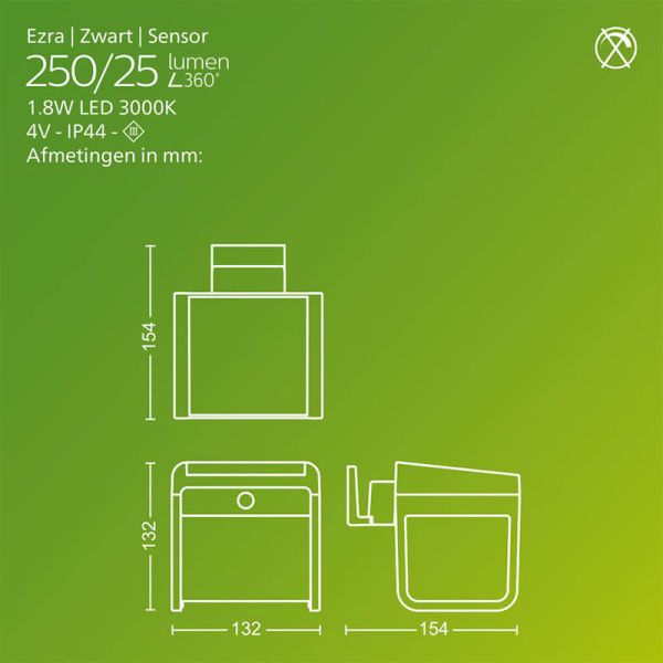Luminária de parede externa LED solar EZRA com sensor de movimento, preta, 1,8 W, 250 lm, 3000 K