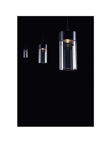 Lámpara colgante LED elegante en negro GRUISSAN, con difusor cilíndrico de cristal, 5W 3000K 30º