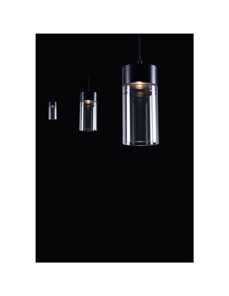 Elegante luminária pendente LED GRUISSAN preta com difusor cilíndrico de vidro, 5W 3000K 30°