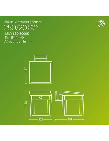 Medidas Aplique y Pedestal LED de exterior BLAISE, ultraeficiente con panel solar, 1,8W 3000K