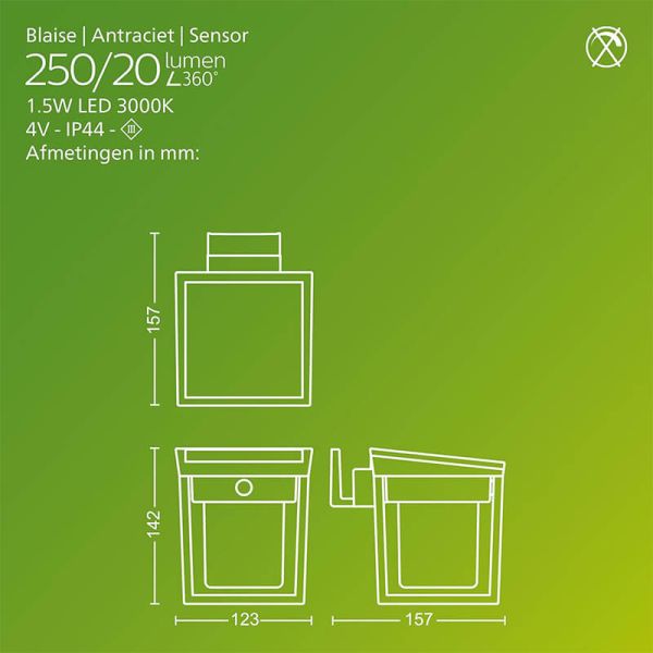 Medidas Aplique y Pedestal LED de exterior BLAISE, ultraeficiente con panel solar, 1,8W 3000K