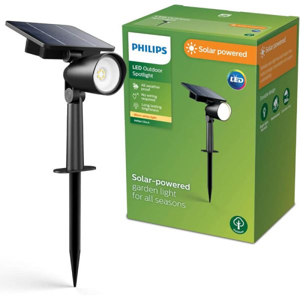 Foco LED exterior con panel solar ASHLYN, para pared y con pica al suelo incluido, ultraeficiente, negro 1,3W 2700K