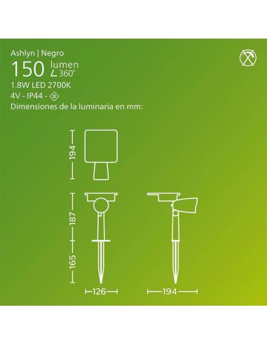 Medidas Foco LED exterior con panel solar ASHLYN, para pared y con pica al suelo incluido, ultraeficiente, negro 1,3W 2700K