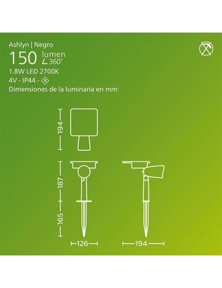 Medidas Foco LED exterior con panel solar ASHLYN, para pared y con pica al suelo incluido, ultraeficiente, negro 1,3W 2700K