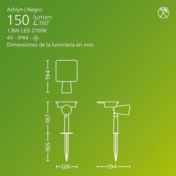 Medidas Foco LED exterior con panel solar ASHLYN, para pared y con pica al suelo incluido, ultraeficiente, negro 1,3W 2700K