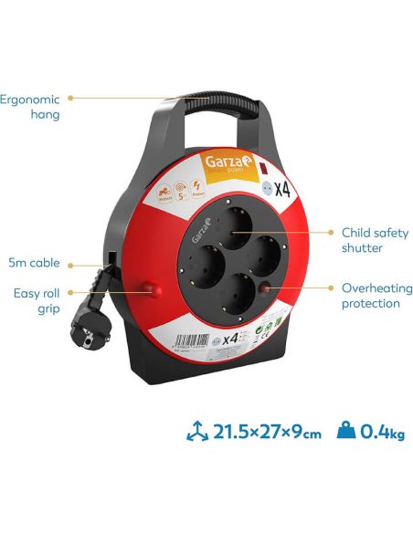 Enrouleur de câble domestique Garza Power de 5 mètres avec 4 prises Schuko, poignée et protection enfant