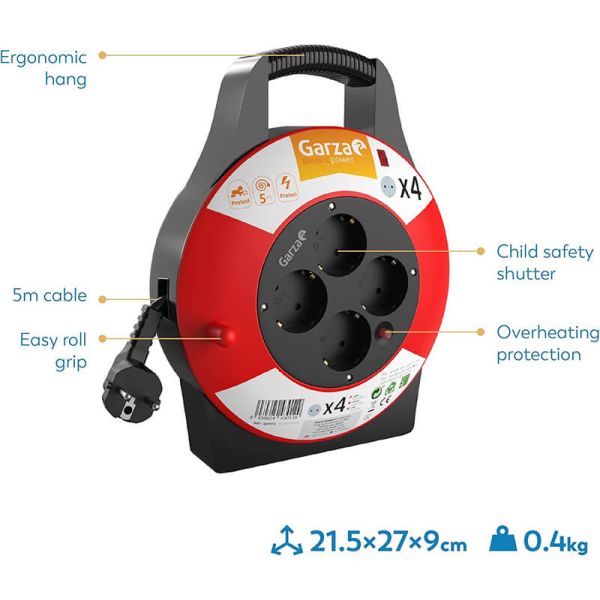 Enrouleur de câble domestique Garza Power de 5 mètres avec 4 prises Schuko, poignée et protection enfant