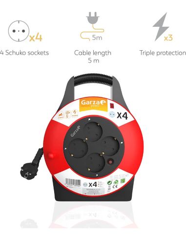 Enrouleur de câble domestique Garza Power de 5 mètres avec 4 prises Schuko, poignée et protection enfant