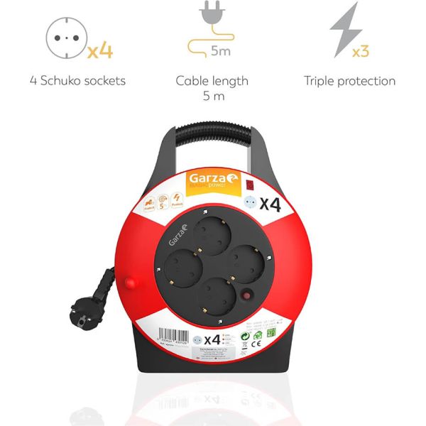 Enrouleur de câble domestique Garza Power de 5 mètres avec 4 prises Schuko, poignée et protection enfant