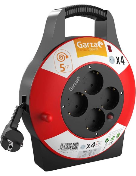 Enrouleur de câble domestique Garza Power de 5 mètres avec 4 prises Schuko, poignée et protection enfant