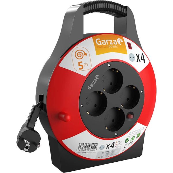 Enrolador de cabo doméstico Garza Power de 5 metros com 4 soquetes Schuko com alça e proteção para crianças